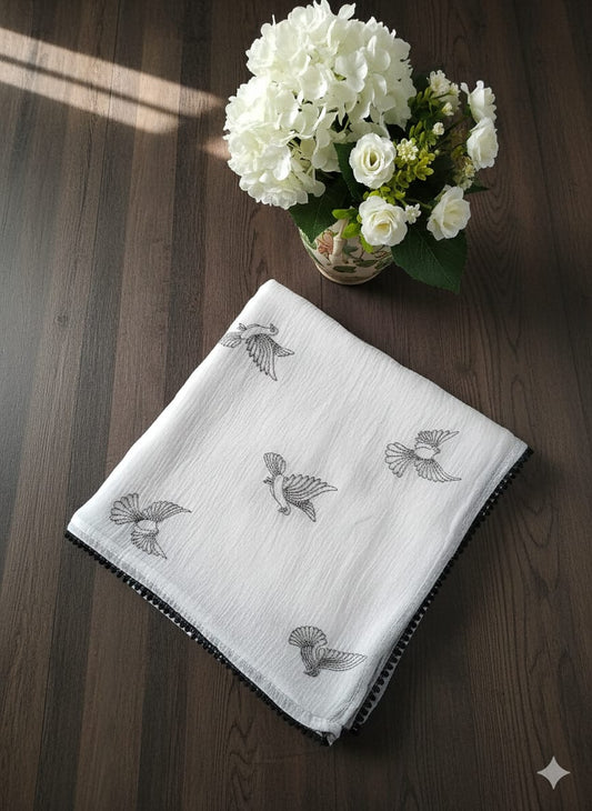 White Paper Crush Saree with Dove Motifs