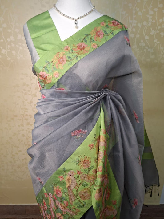 Grey Kora Silk Saree with Parrot Green Border