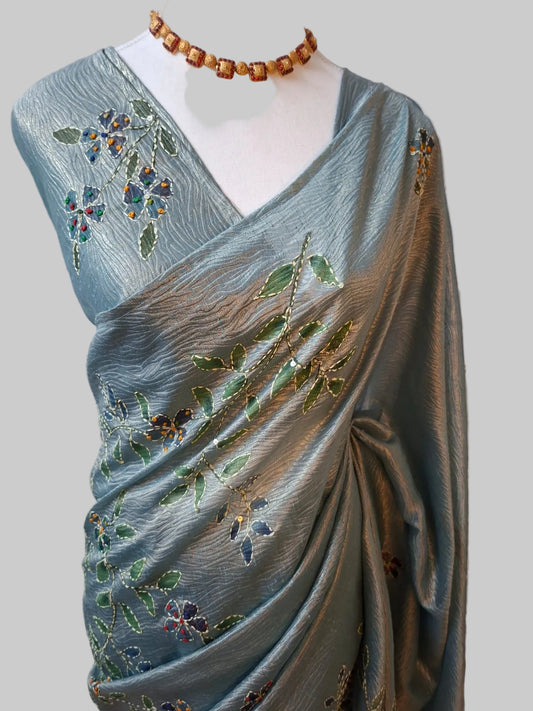 Crush silk Saree with Kantha Embroidery