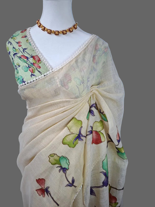 Petals in Paint-Tissue Linen Saree
