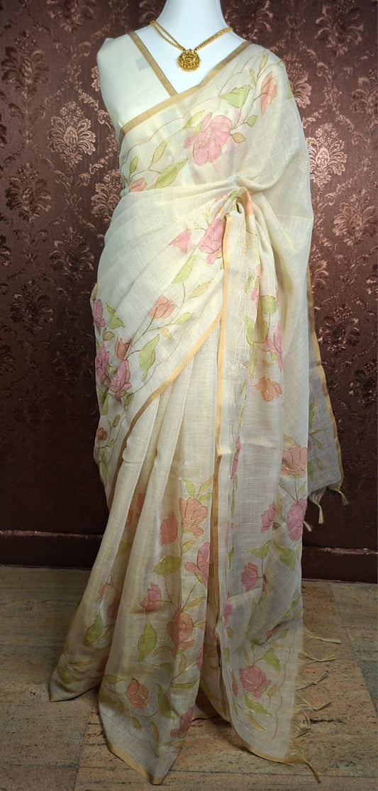 Floral Contour Linen Tissue Saree