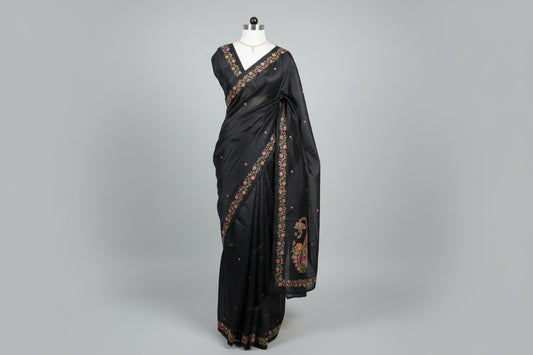 Black Tussar Saree with multicolored floral vine Embroidery