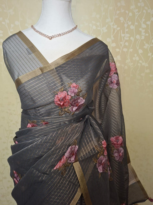 Charcoal Bloom Kora Saree