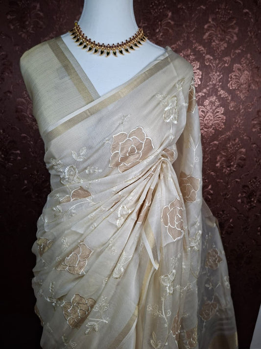 Ivory Appliqué Mul Chanderi Saree