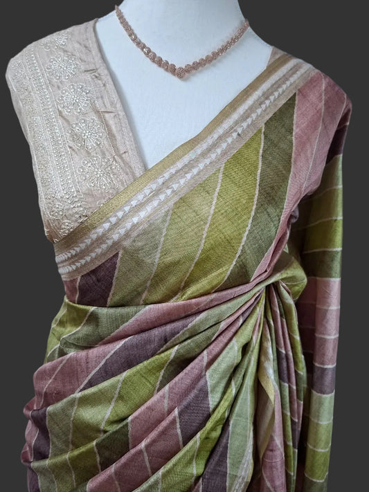 Pastel Grid Tussar Silk Saree