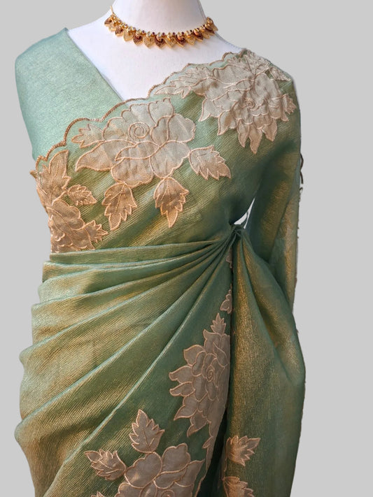 Sage greeen CrushSilk saree with applique work