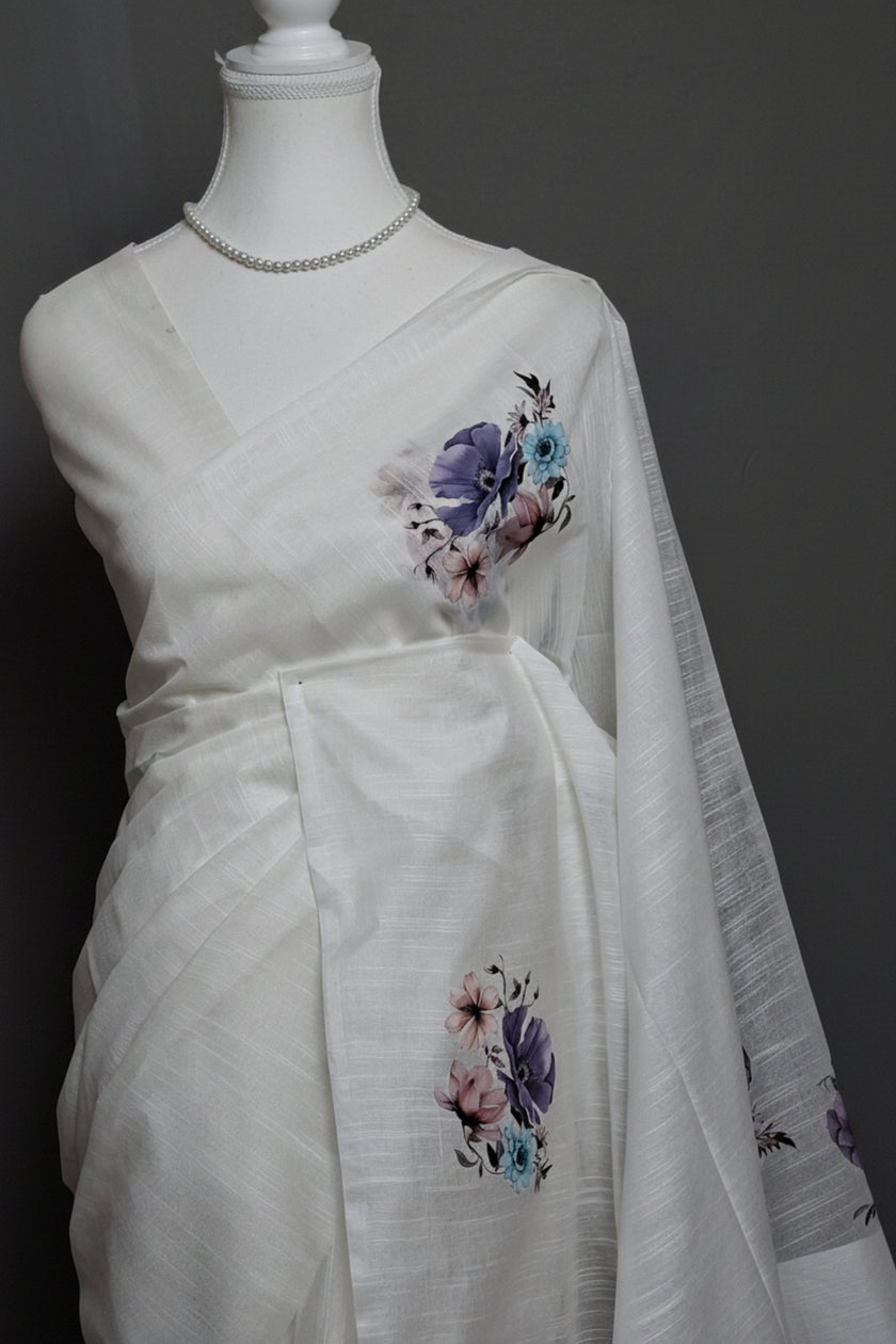 Snow Bloom Printed Semi Jute Saree