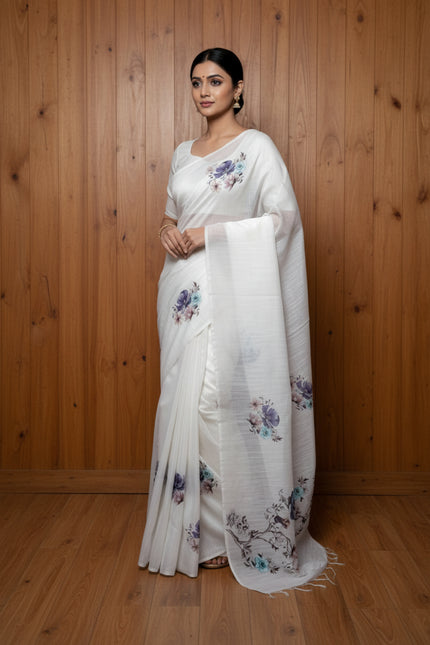 Snow Bloom Printed Semi Jute Saree