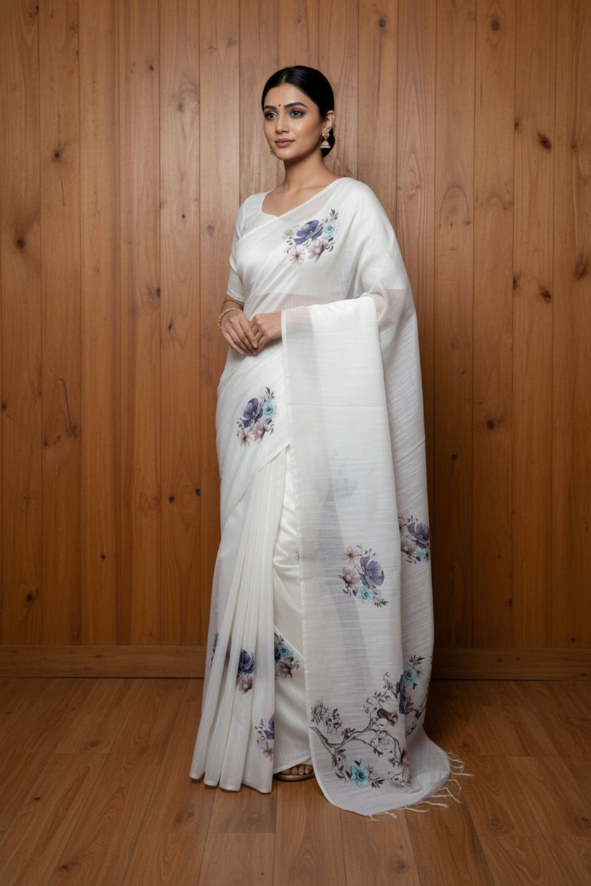Snow Bloom Printed Semi Jute Saree