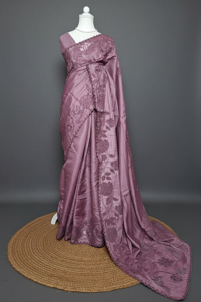 Mauve Bloom Satin Tussar Saree