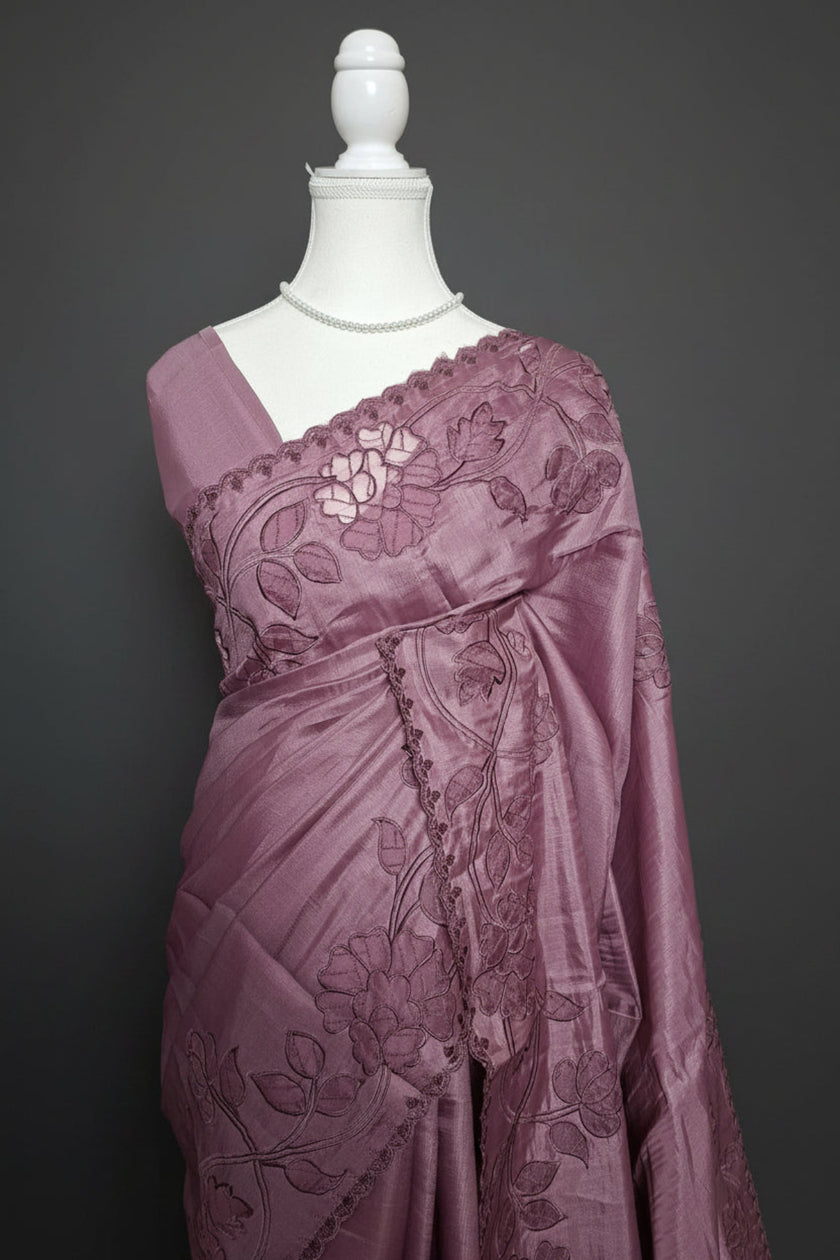 Mauve Bloom Satin Tussar Saree