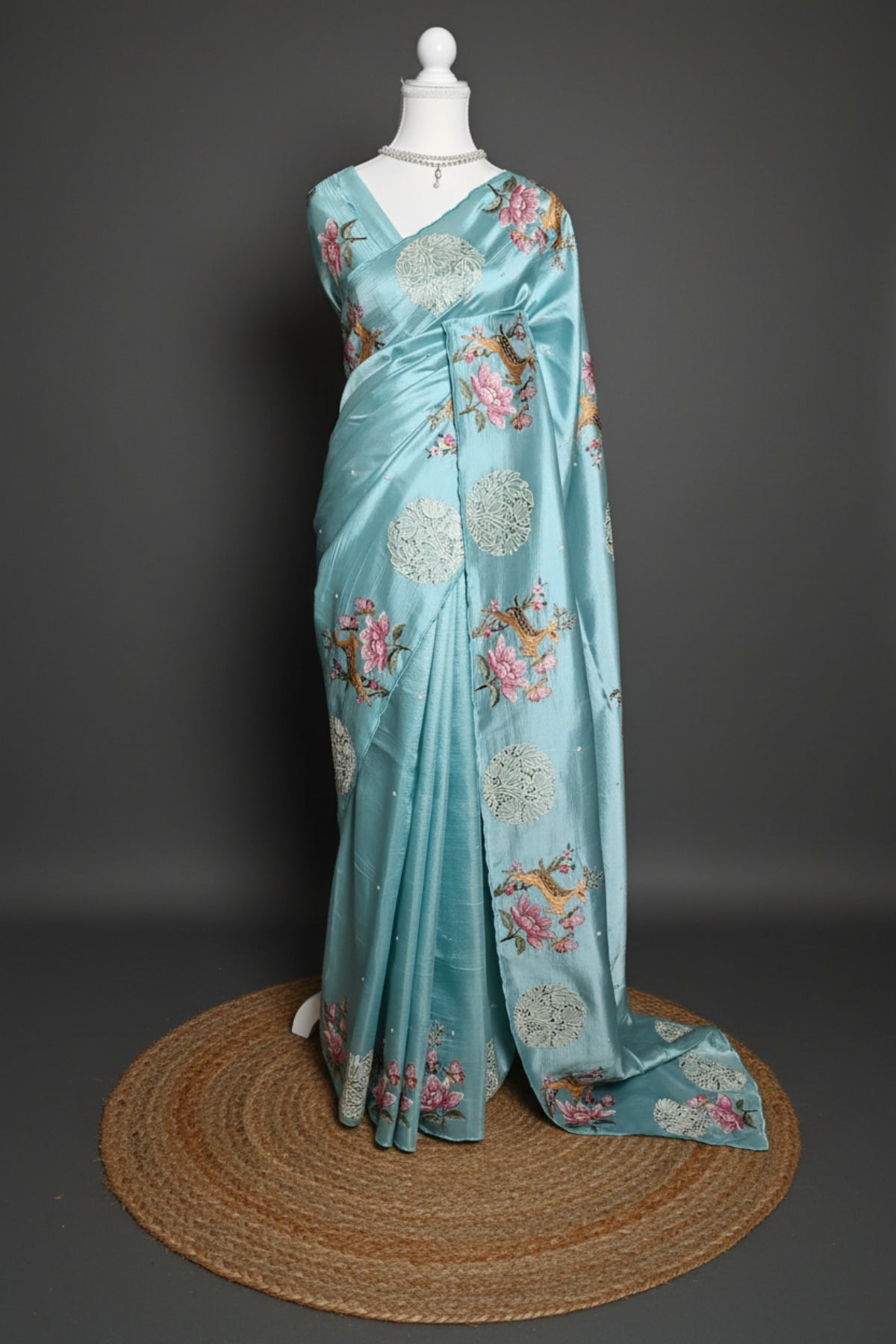 Blossom Bird Appliqué Raw Silk