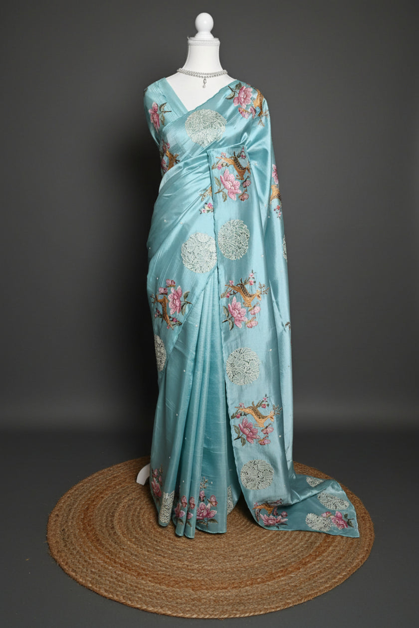 Blossom Bird Appliqué Raw Silk
