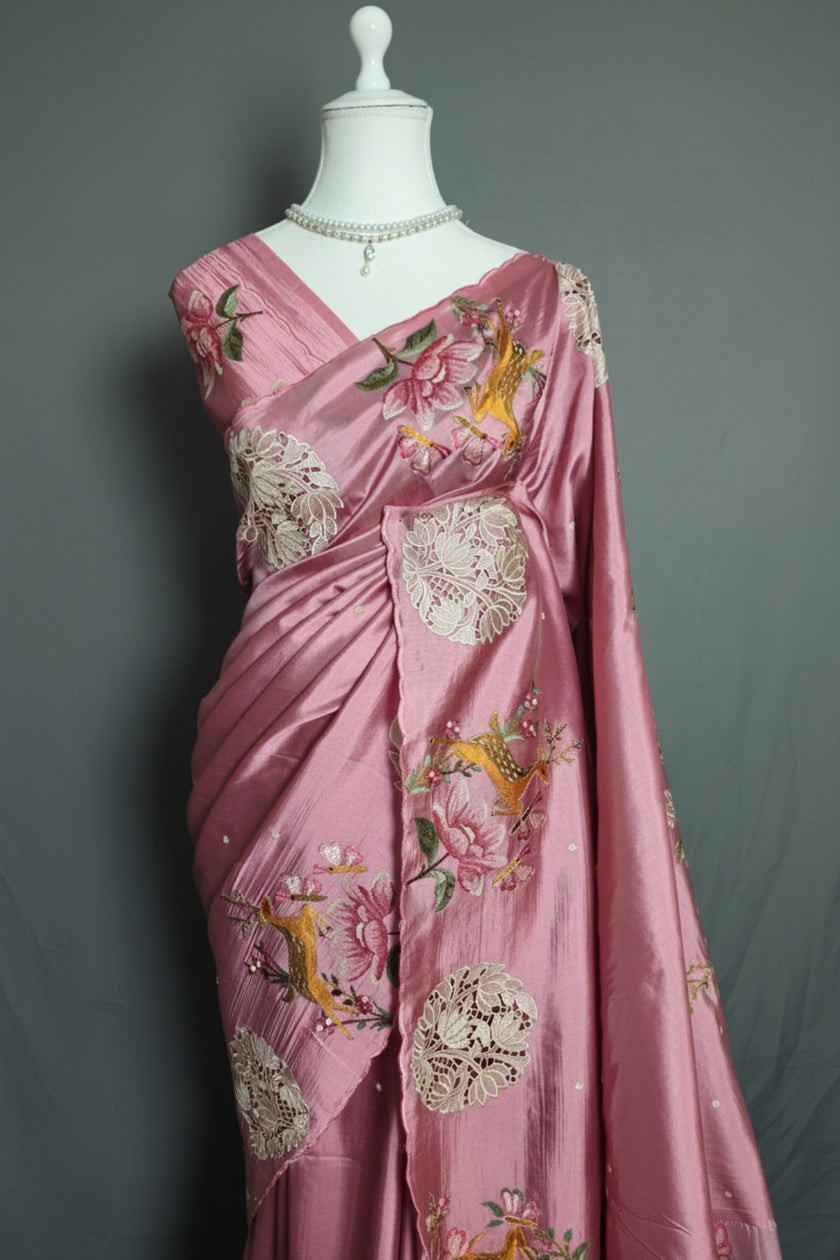 Blossom Bird Appliqué Raw Silk