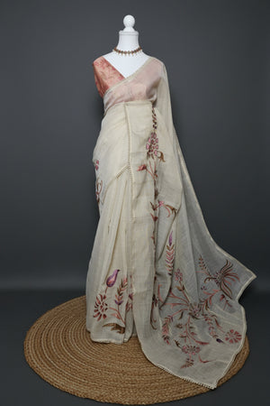 Petals in Paint-Tissue Linen Saree