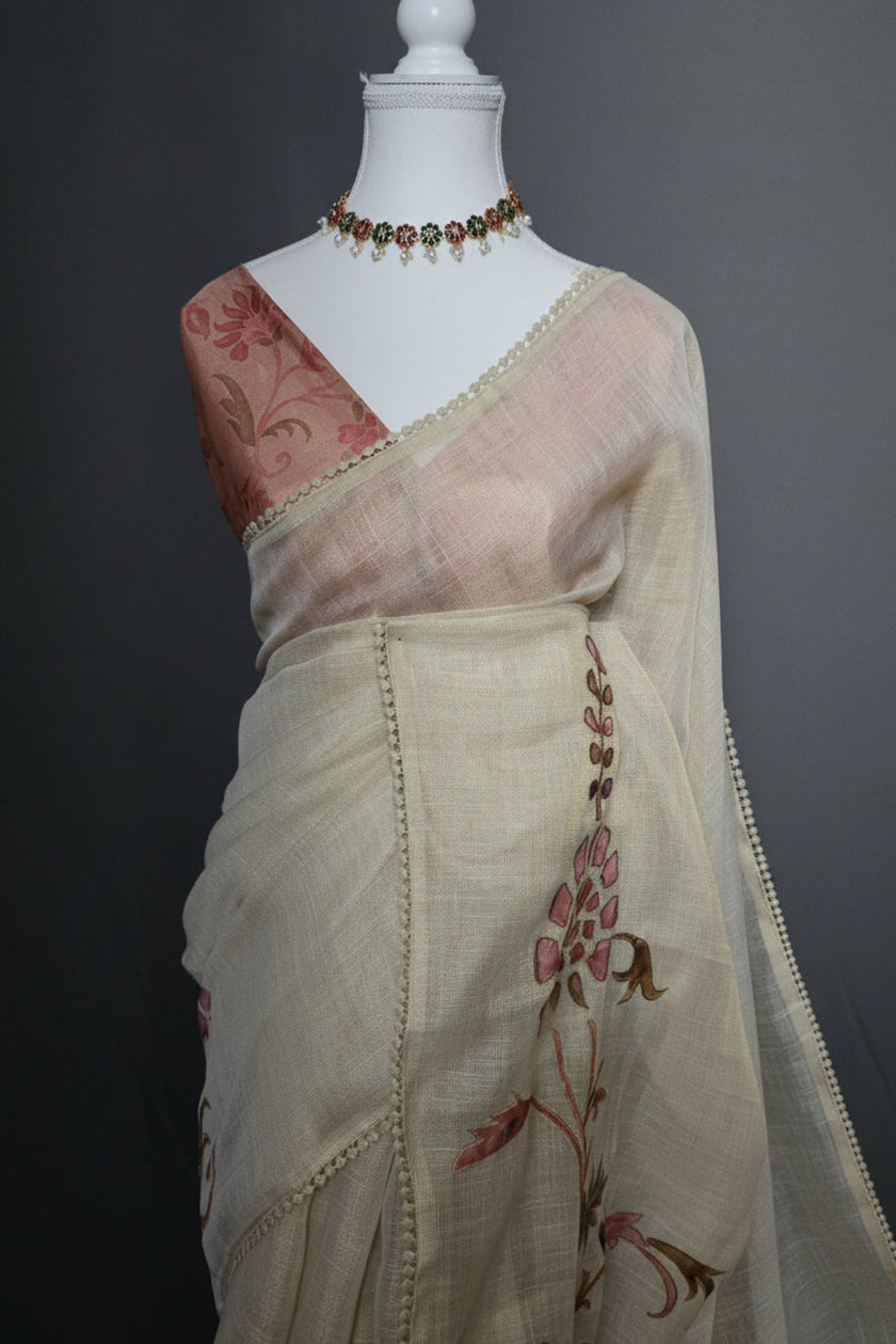 Petals in Paint-Tissue Linen Saree