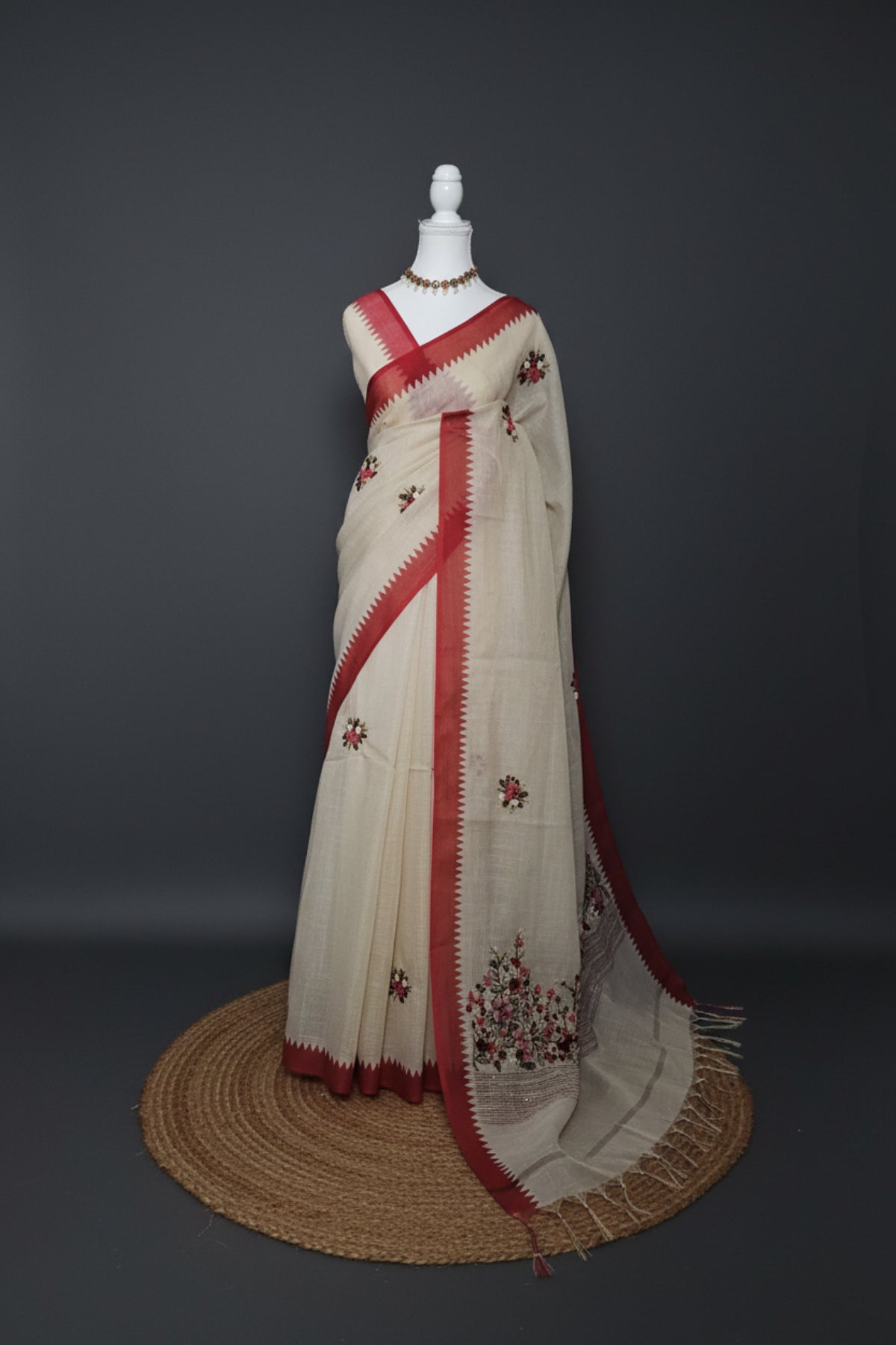 Deep Red Blossom Linen Tissue Saree