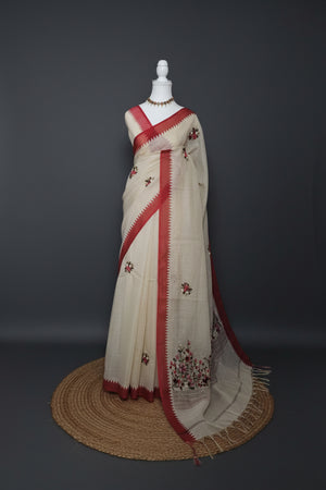 Deep Red Blossom Linen Tissue Saree