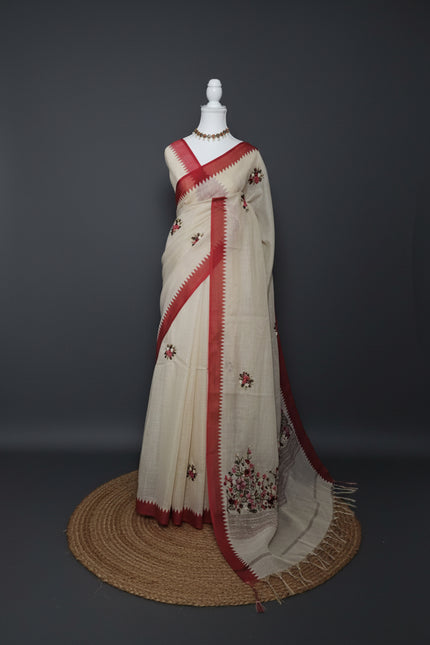 Deep Red Blossom Linen Tissue Saree
