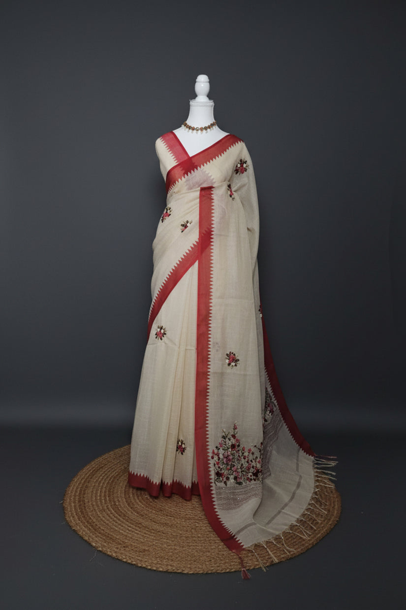 Deep Red Blossom Linen Tissue Saree