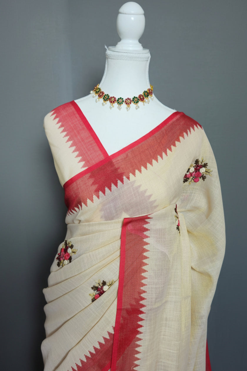Deep Red Blossom Linen Tissue Saree
