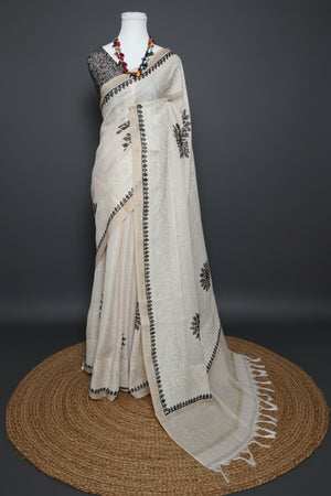 Ivory Noir Embroidered Linen Saree