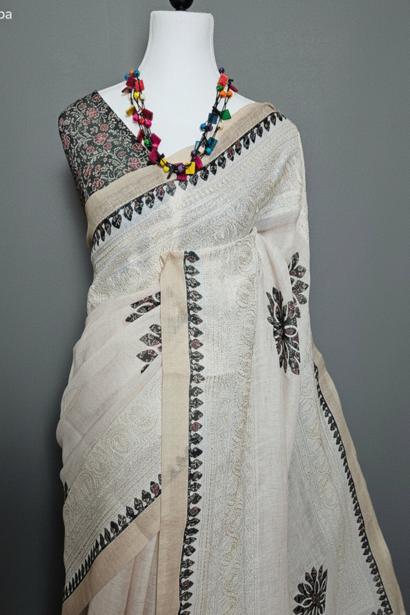 Ivory Noir Embroidered Linen Saree