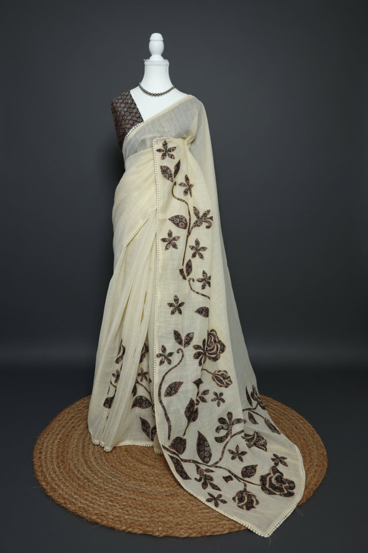 Ajrakh Rose Trail Linen Tissue Saree
