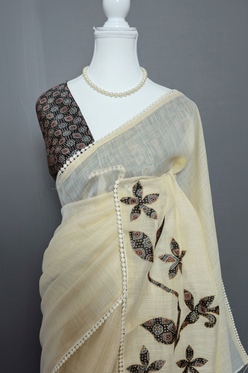 Ajrakh Rose Trail Linen Tissue Saree