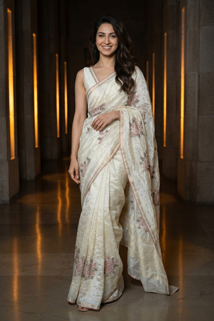 Vintage Bloom Embroidered Chanderi Saree