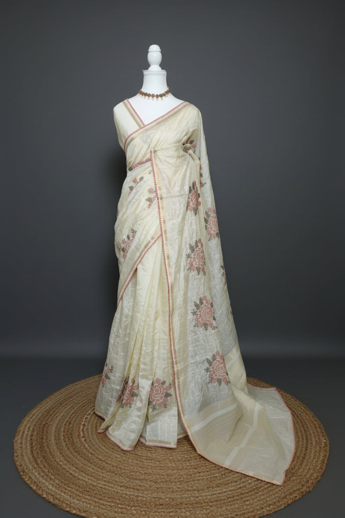 Vintage Bloom Embroidered Chanderi Saree