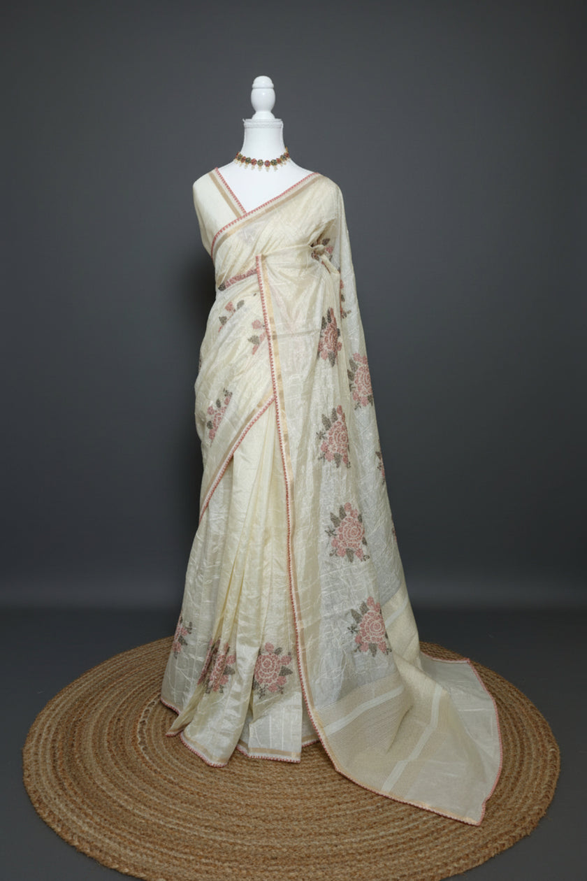 Vintage Bloom Embroidered Chanderi Saree