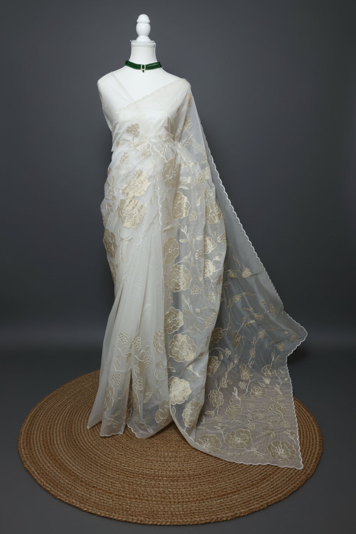 Ivory Bloom Semi Organza Floral Appliqué Saree