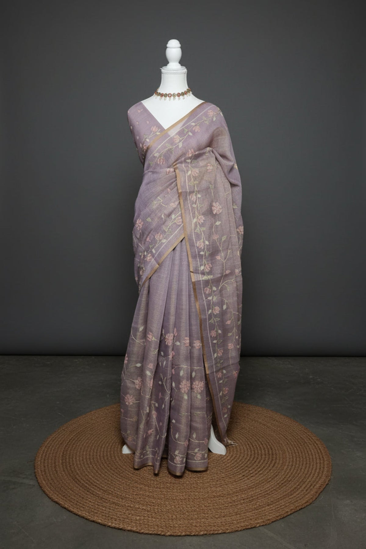 Whispering Vines Aari Work Linen Tissue Saree