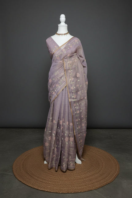 Whispering Vines Aari Work Linen Tissue Saree
