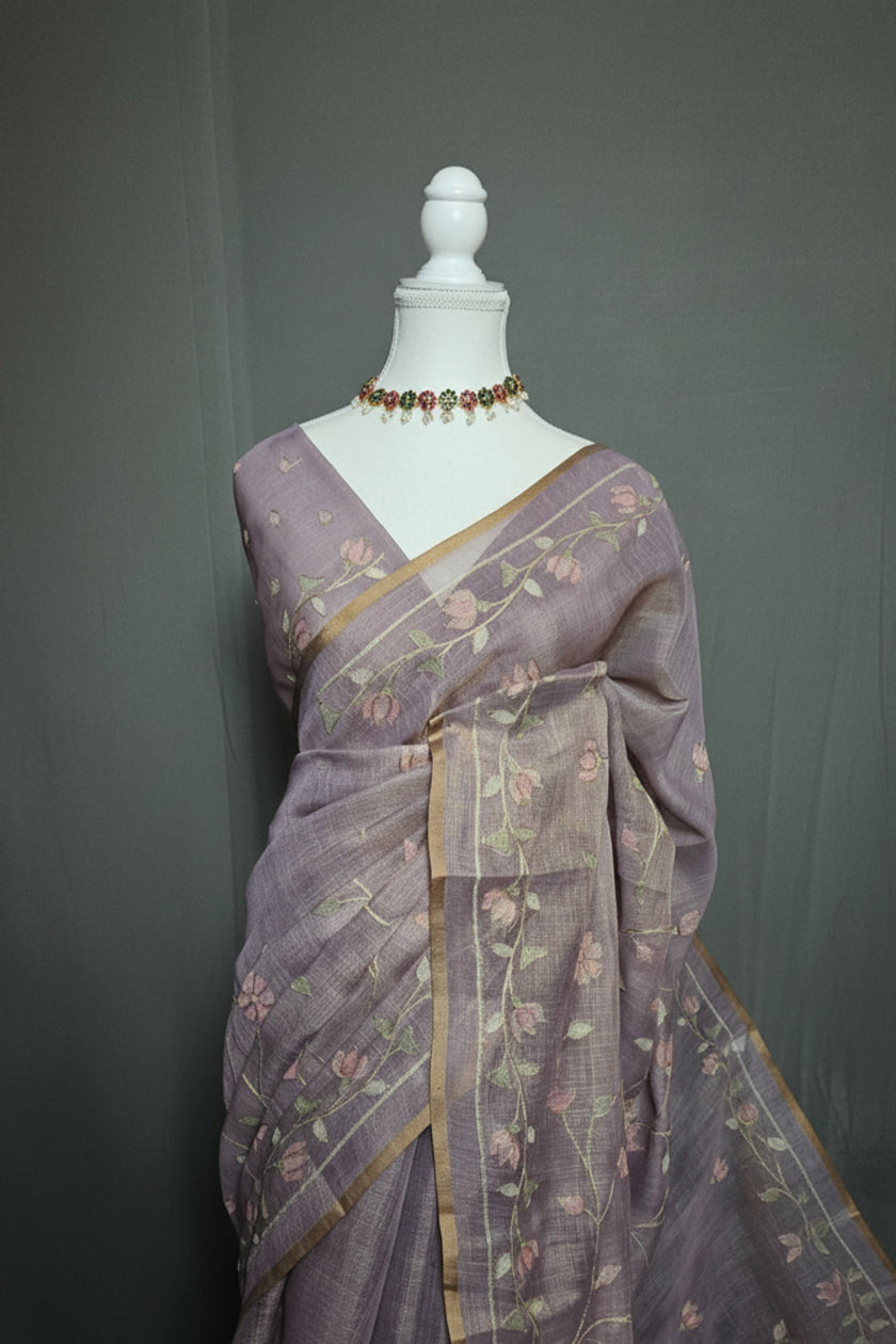 Whispering Vines Aari Work Linen Tissue Saree