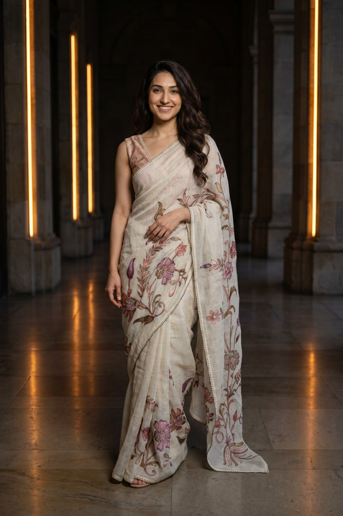 Petals in Paint-Tissue Linen Saree