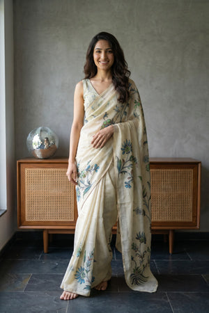 Petals in Paint-Tissue Linen Saree