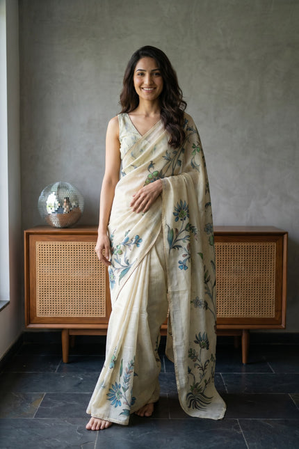 Petals in Paint-Tissue Linen Saree