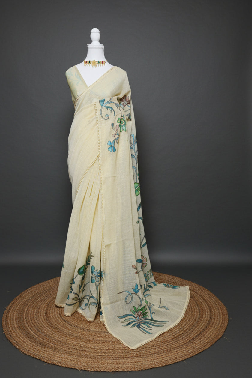 Petals in Paint-Tissue Linen Saree