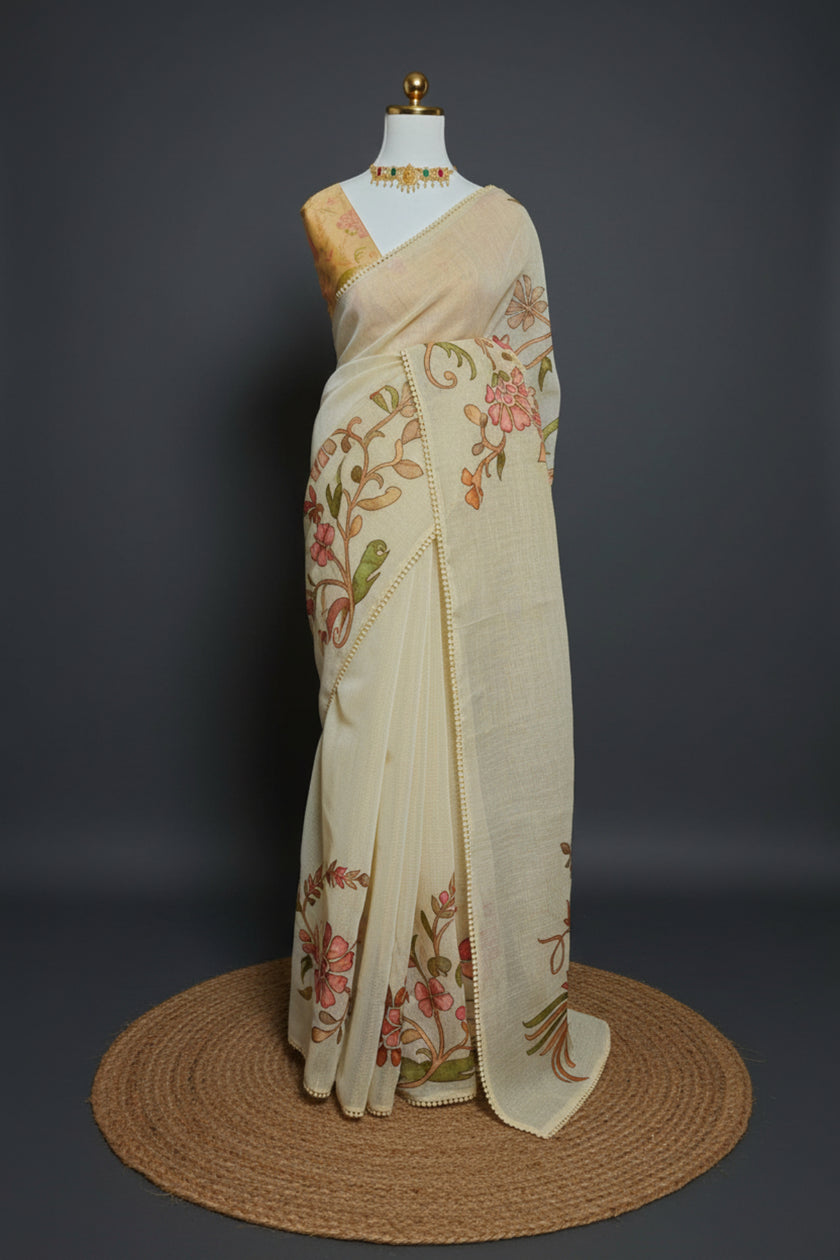 Petals in Paint-Tissue Linen Saree