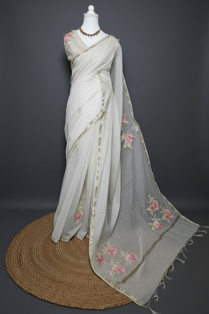 Blush Bloom Pure Mul Chanderi Saree