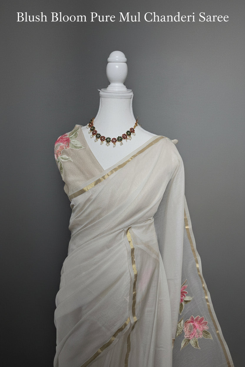 Blush Bloom Pure Mul Chanderi Saree