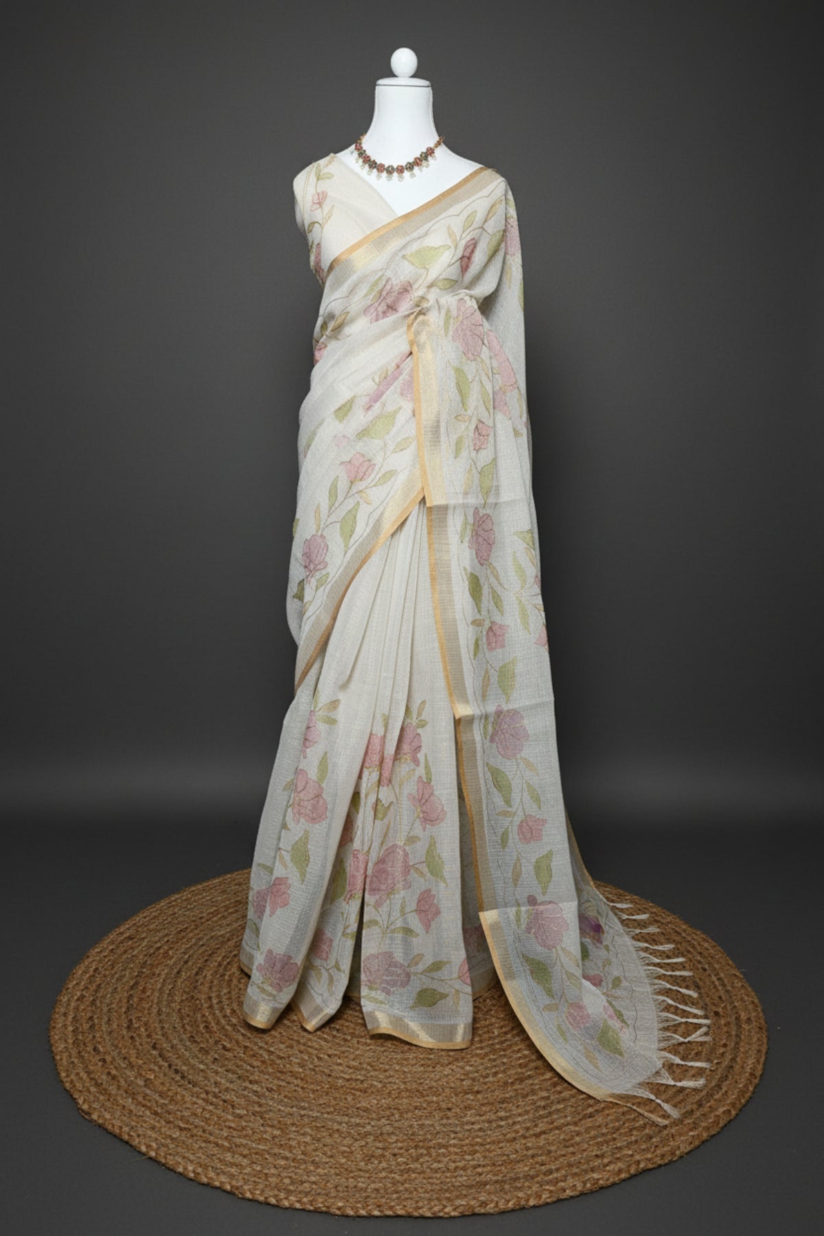Blush Bloom Linen Tissue Saree with Aari Work