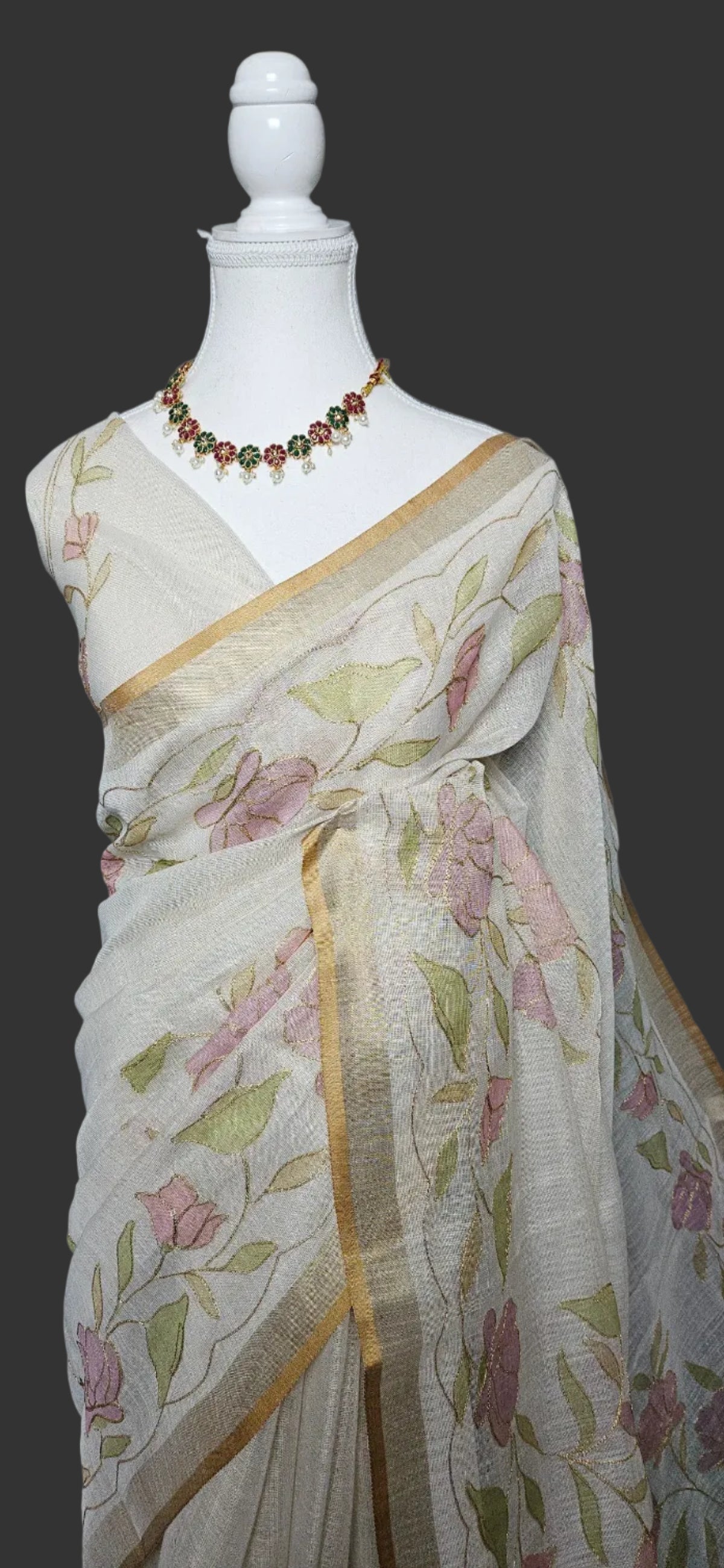 Blush Bloom Linen Tissue Saree with Aari Work