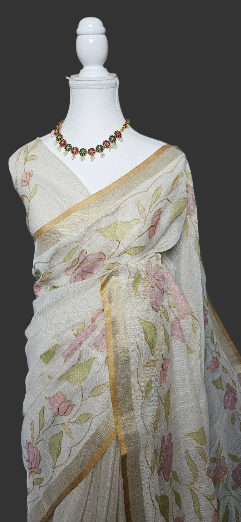Blush Bloom Linen Tissue Saree with Aari Work