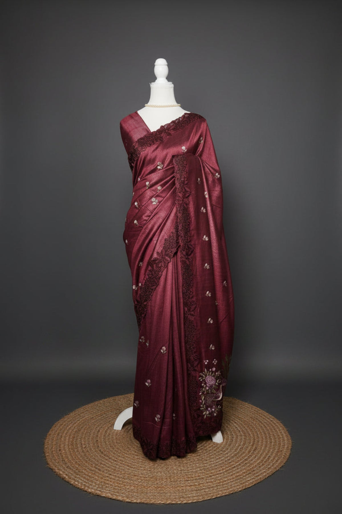 Whispering Aviary Soft Crush Tussar Cut Work Saree