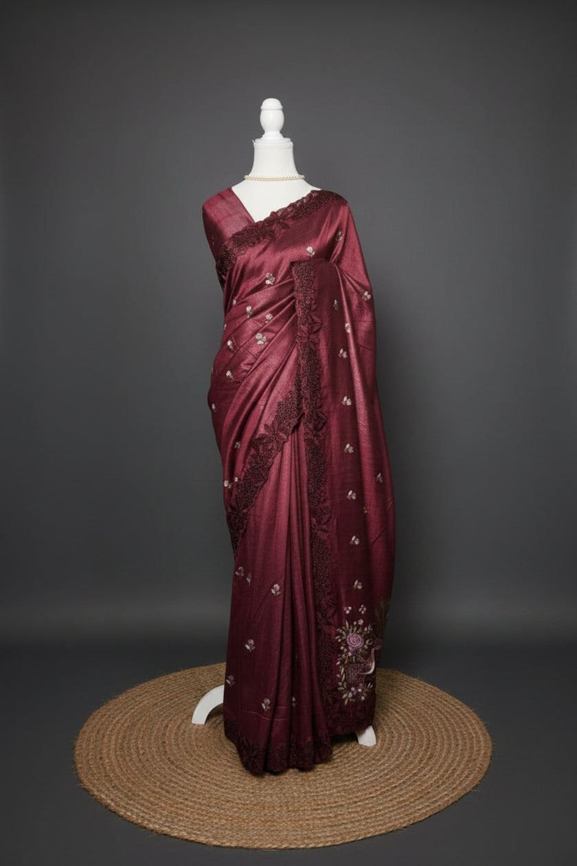 Whispering Aviary Soft Crush Tussar Cut Work Saree