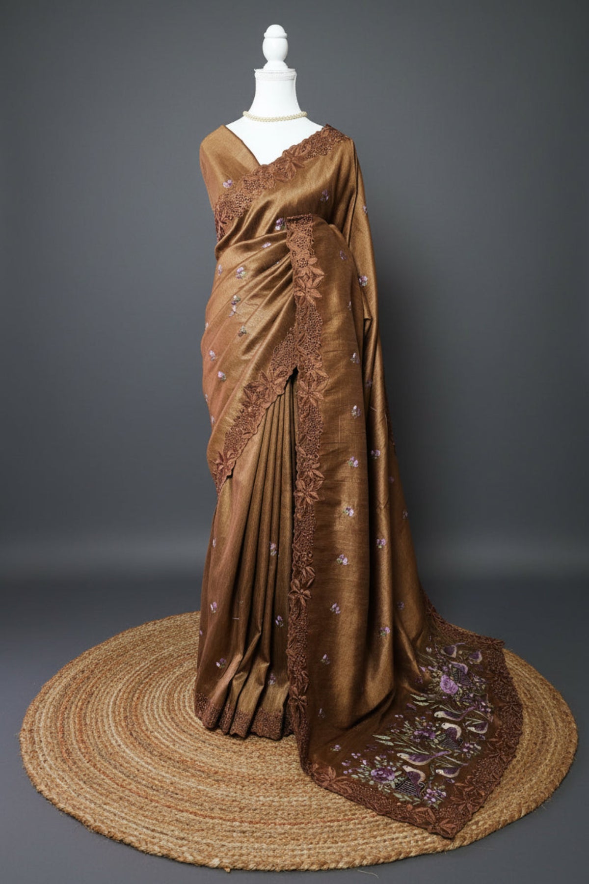 Whispering Aviary Soft Crush Tussar Cut Work Saree