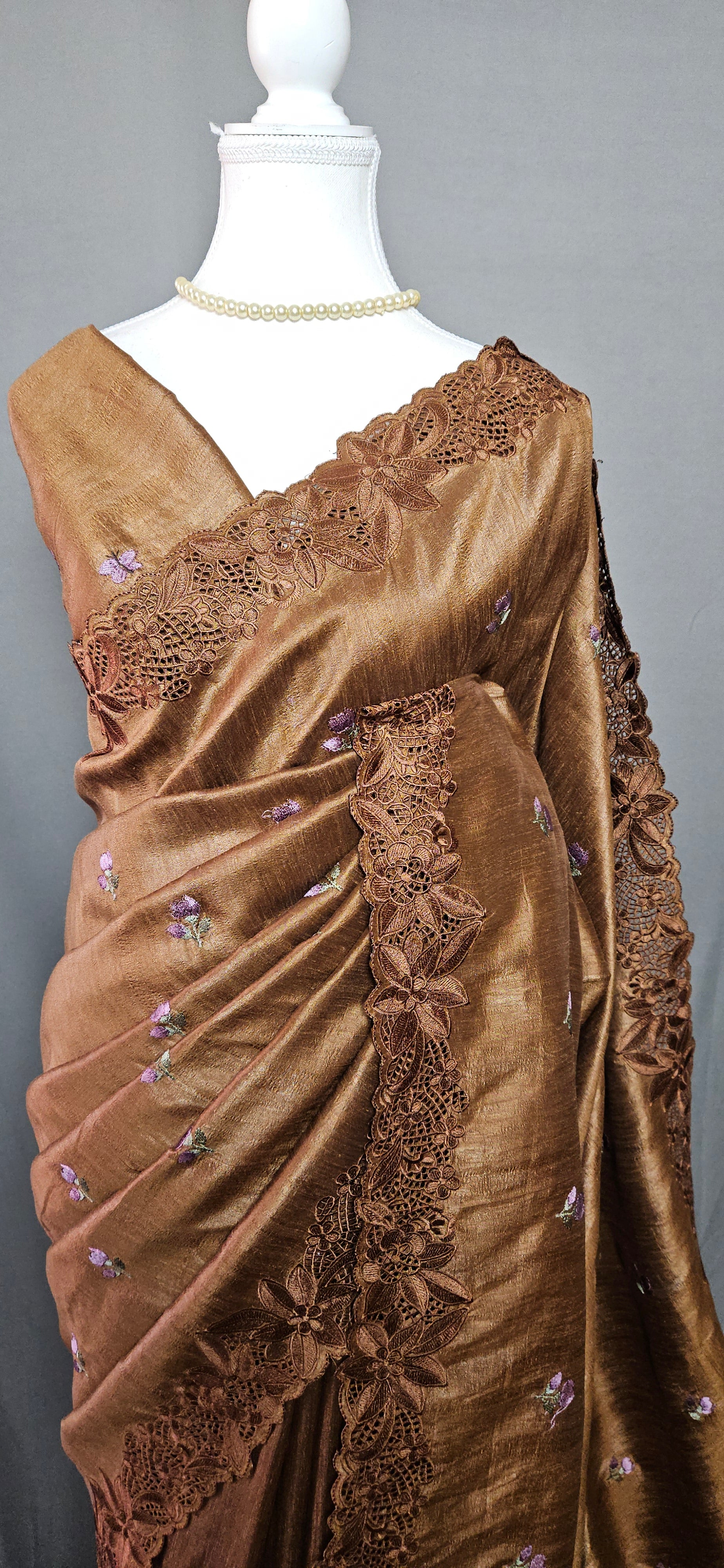 Whispering Aviary Soft Crush Tussar Cut Work Saree